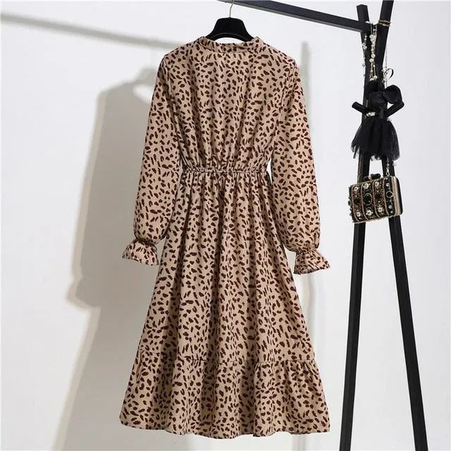New Chiffon summer Dress Women Bow Spring Small Floral Long Sleeve Polka Elastic Waist Leopard Vintage Pleated Collar Vestidos