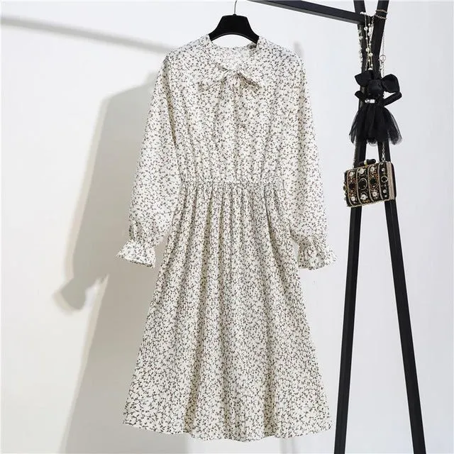 New Chiffon summer Dress Women Bow Spring Small Floral Long Sleeve Polka Elastic Waist Leopard Vintage Pleated Collar Vestidos