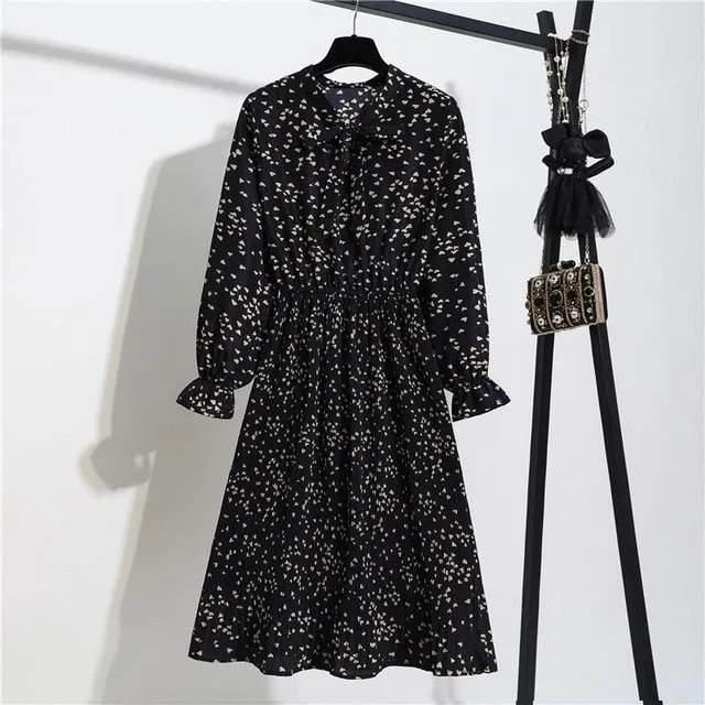 New Chiffon summer Dress Women Bow Spring Small Floral Long Sleeve Polka Elastic Waist Leopard Vintage Pleated Collar Vestidos