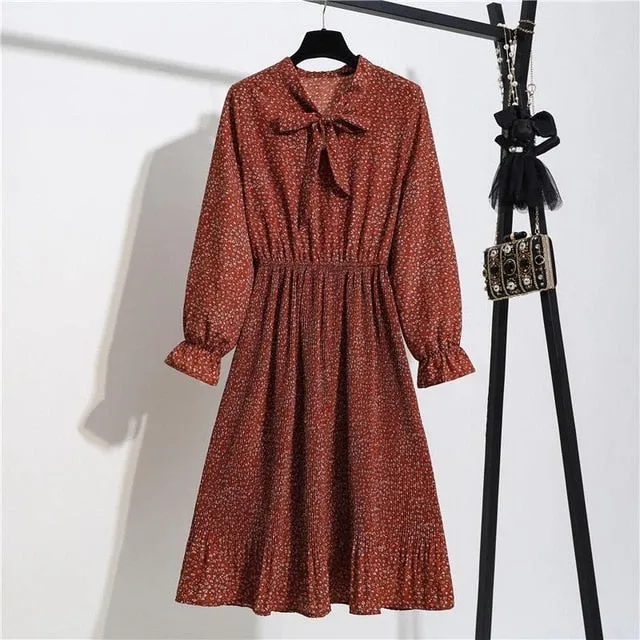 New Chiffon summer Dress Women Bow Spring Small Floral Long Sleeve Polka Elastic Waist Leopard Vintage Pleated Collar Vestidos
