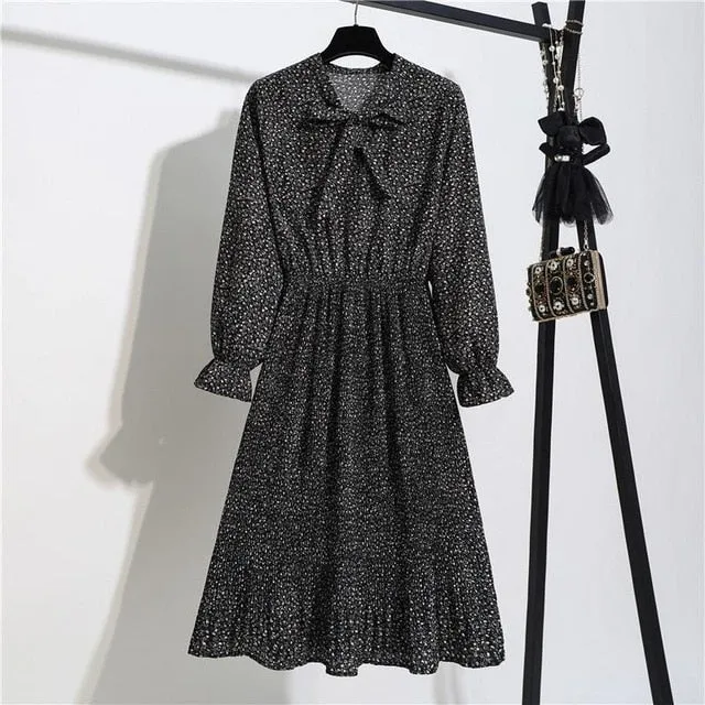 New Chiffon summer Dress Women Bow Spring Small Floral Long Sleeve Polka Elastic Waist Leopard Vintage Pleated Collar Vestidos