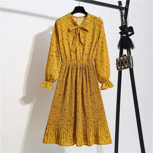 New Chiffon summer Dress Women Bow Spring Small Floral Long Sleeve Polka Elastic Waist Leopard Vintage Pleated Collar Vestidos