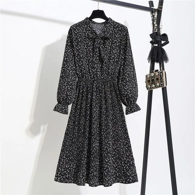 New Chiffon summer Dress Women Bow Spring Small Floral Long Sleeve Polka Elastic Waist Leopard Vintage Pleated Collar Vestidos