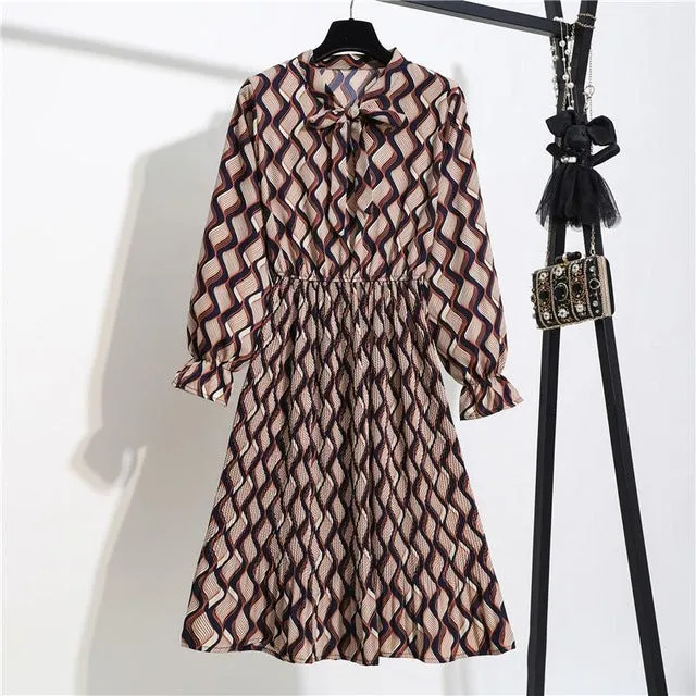 New Chiffon summer Dress Women Bow Spring Small Floral Long Sleeve Polka Elastic Waist Leopard Vintage Pleated Collar Vestidos