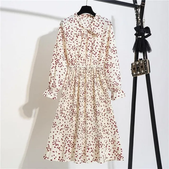 New Chiffon summer Dress Women Bow Spring Small Floral Long Sleeve Polka Elastic Waist Leopard Vintage Pleated Collar Vestidos