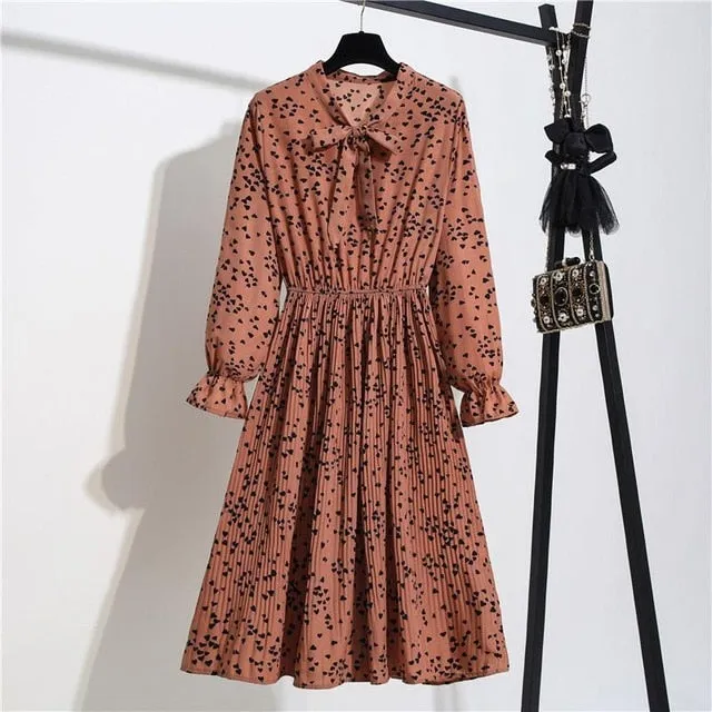 New Chiffon summer Dress Women Bow Spring Small Floral Long Sleeve Polka Elastic Waist Leopard Vintage Pleated Collar Vestidos