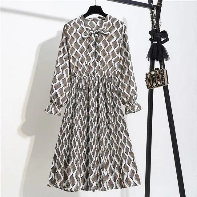 New Chiffon summer Dress Women Bow Spring Small Floral Long Sleeve Polka Elastic Waist Leopard Vintage Pleated Collar Vestidos