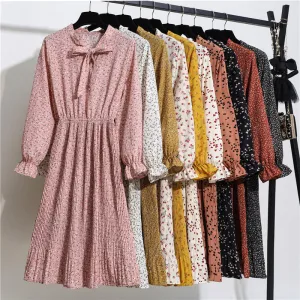 New Chiffon summer Dress Women Bow Spring Small Floral Long Sleeve Polka Elastic Waist Leopard Vintage Pleated Collar Vestidos