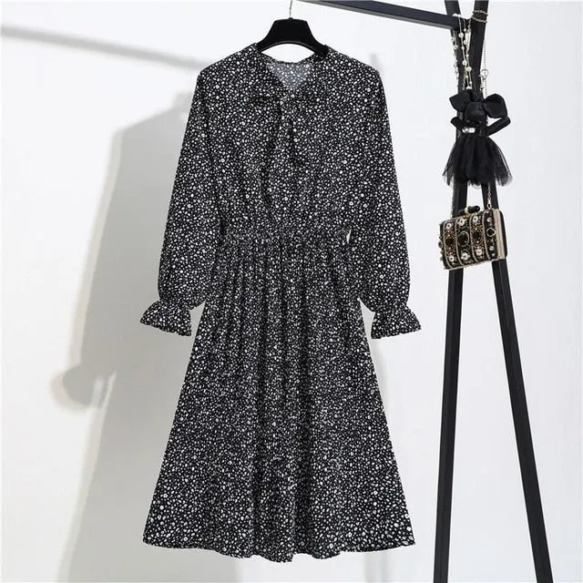 New Chiffon summer Dress Women Bow Spring Small Floral Long Sleeve Polka Elastic Waist Leopard Vintage Pleated Collar Vestidos