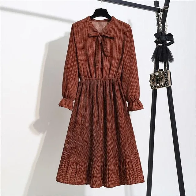 New Chiffon summer Dress Women Bow Spring Small Floral Long Sleeve Polka Elastic Waist Leopard Vintage Pleated Collar Vestidos