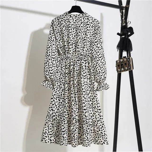 New Chiffon summer Dress Women Bow Spring Small Floral Long Sleeve Polka Elastic Waist Leopard Vintage Pleated Collar Vestidos