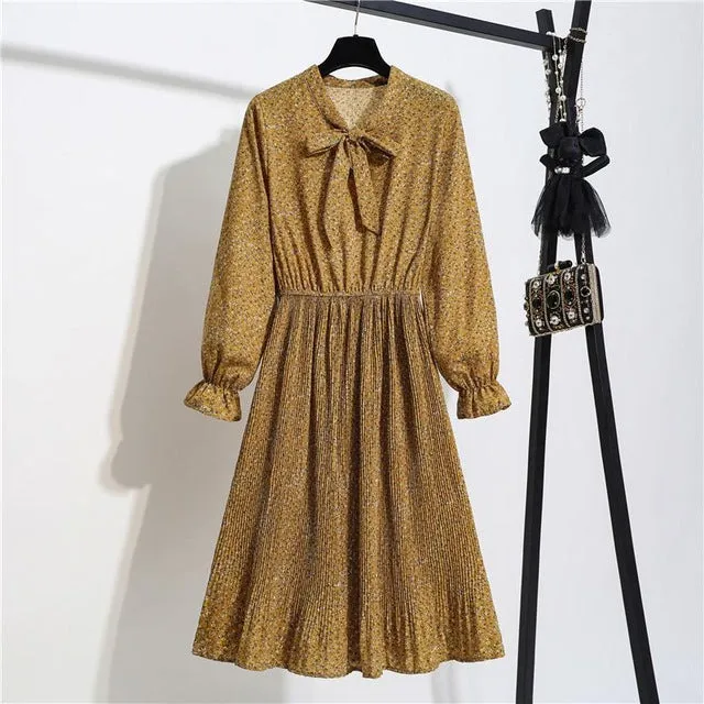 New Chiffon summer Dress Women Bow Spring Small Floral Long Sleeve Polka Elastic Waist Leopard Vintage Pleated Collar Vestidos