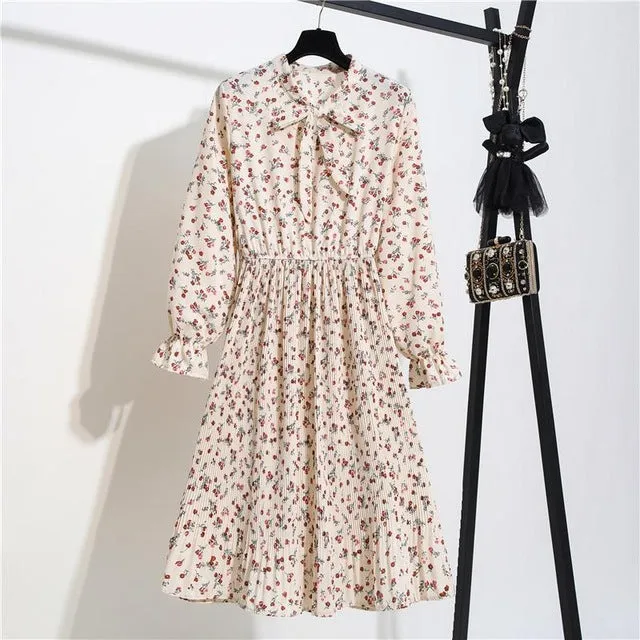 New Chiffon summer Dress Women Bow Spring Small Floral Long Sleeve Polka Elastic Waist Leopard Vintage Pleated Collar Vestidos