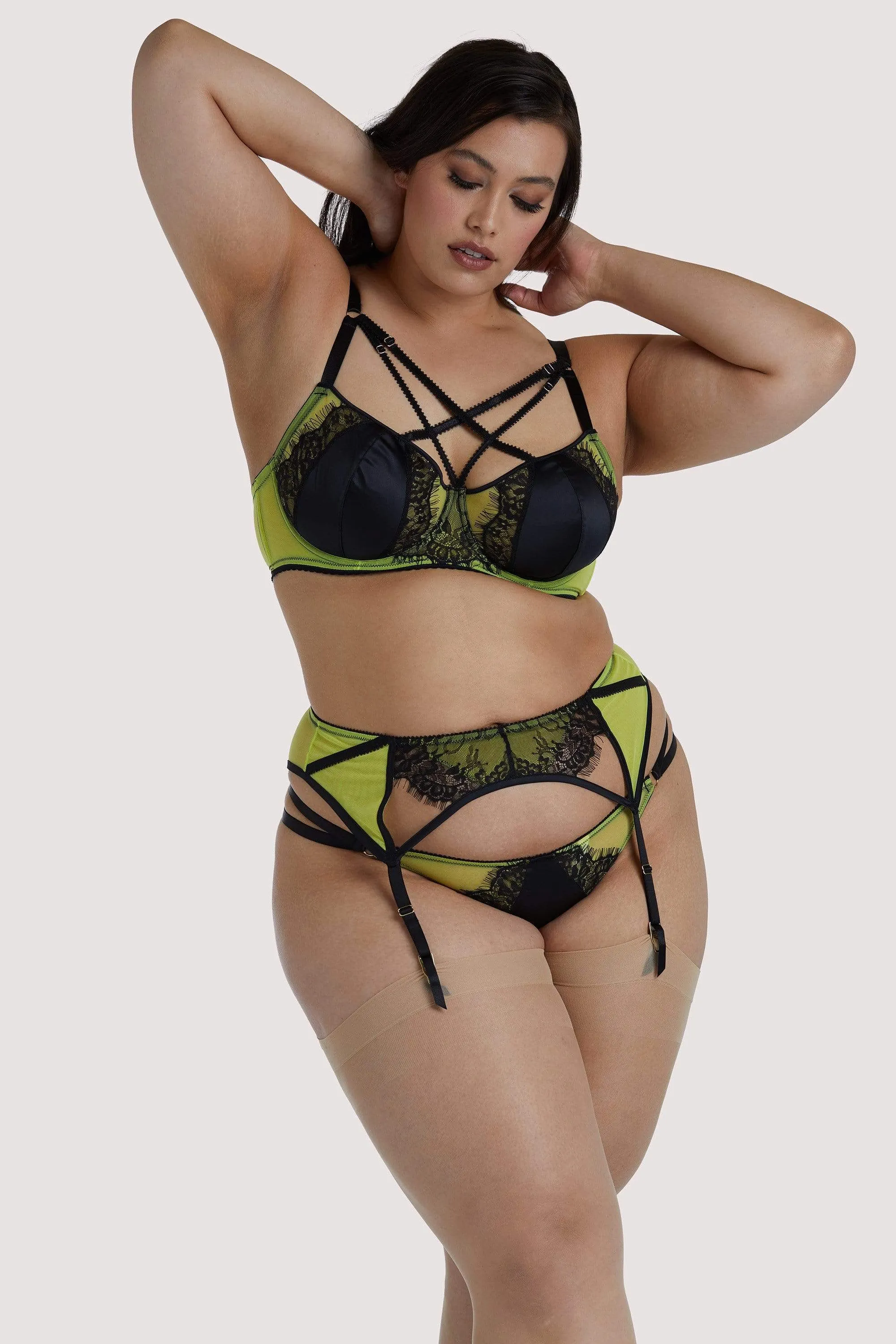 Playful Promises Indigo Lime Satin and Lace Picot Suspender