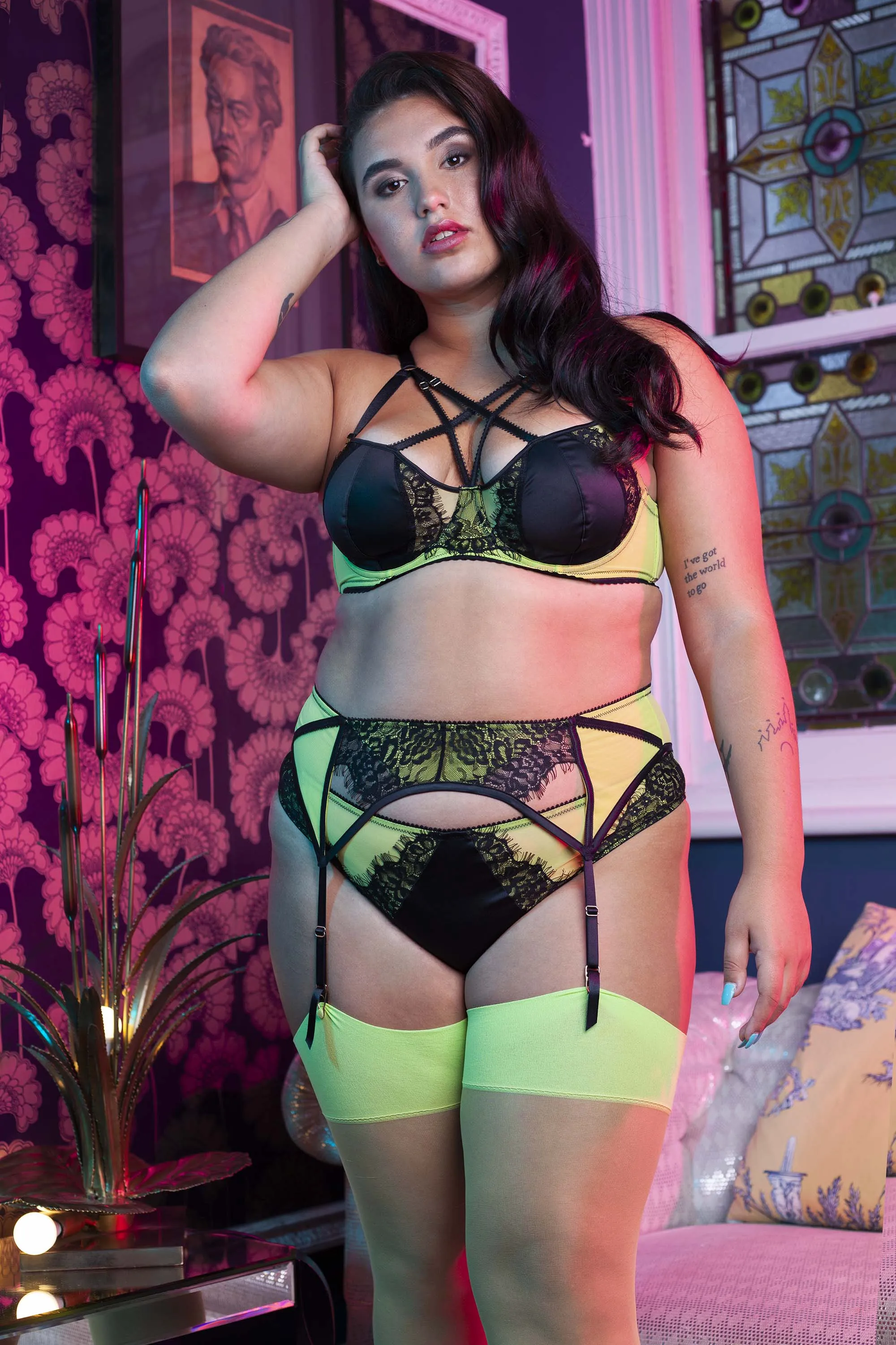 Playful Promises Indigo Lime Satin and Lace Picot Suspender