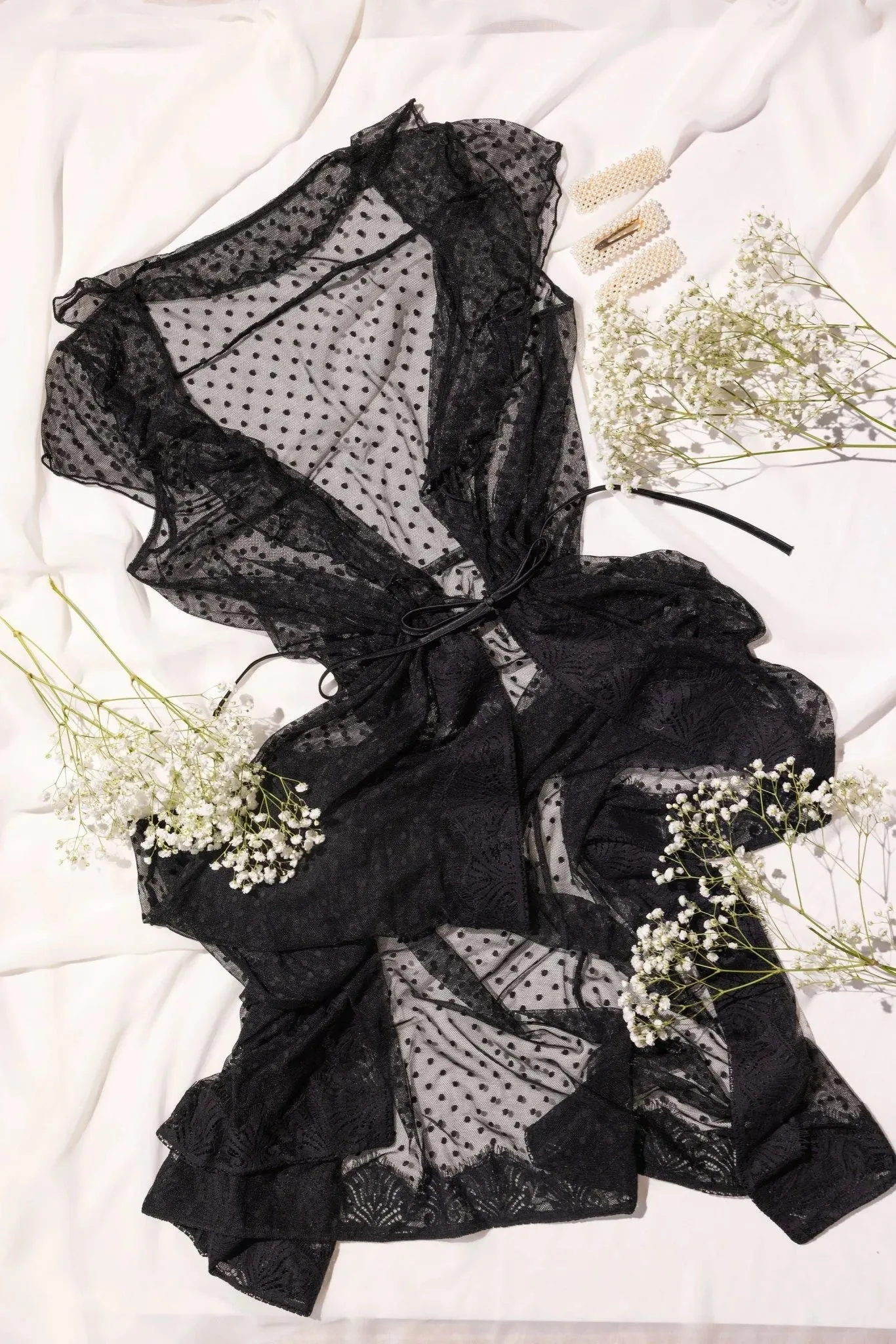 Polka Dot Mesh Robe - Black