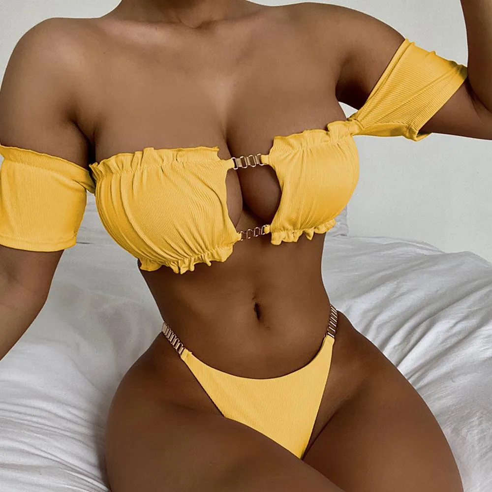 Sexy Bandeau Bikini Swimsuit Solid Chain Cut-Out Two Piece Swimsuit