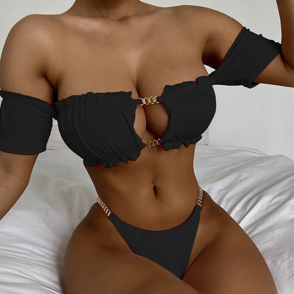 Sexy Bandeau Bikini Swimsuit Solid Chain Cut-Out Two Piece Swimsuit