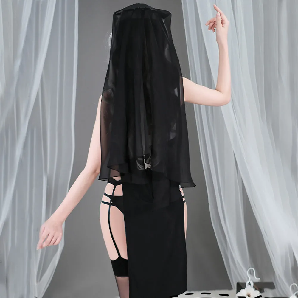 Sexy Nun Costume Nun Habit Cosplay Outfit High Slit Lingerie Dress with Habit Nun Veil