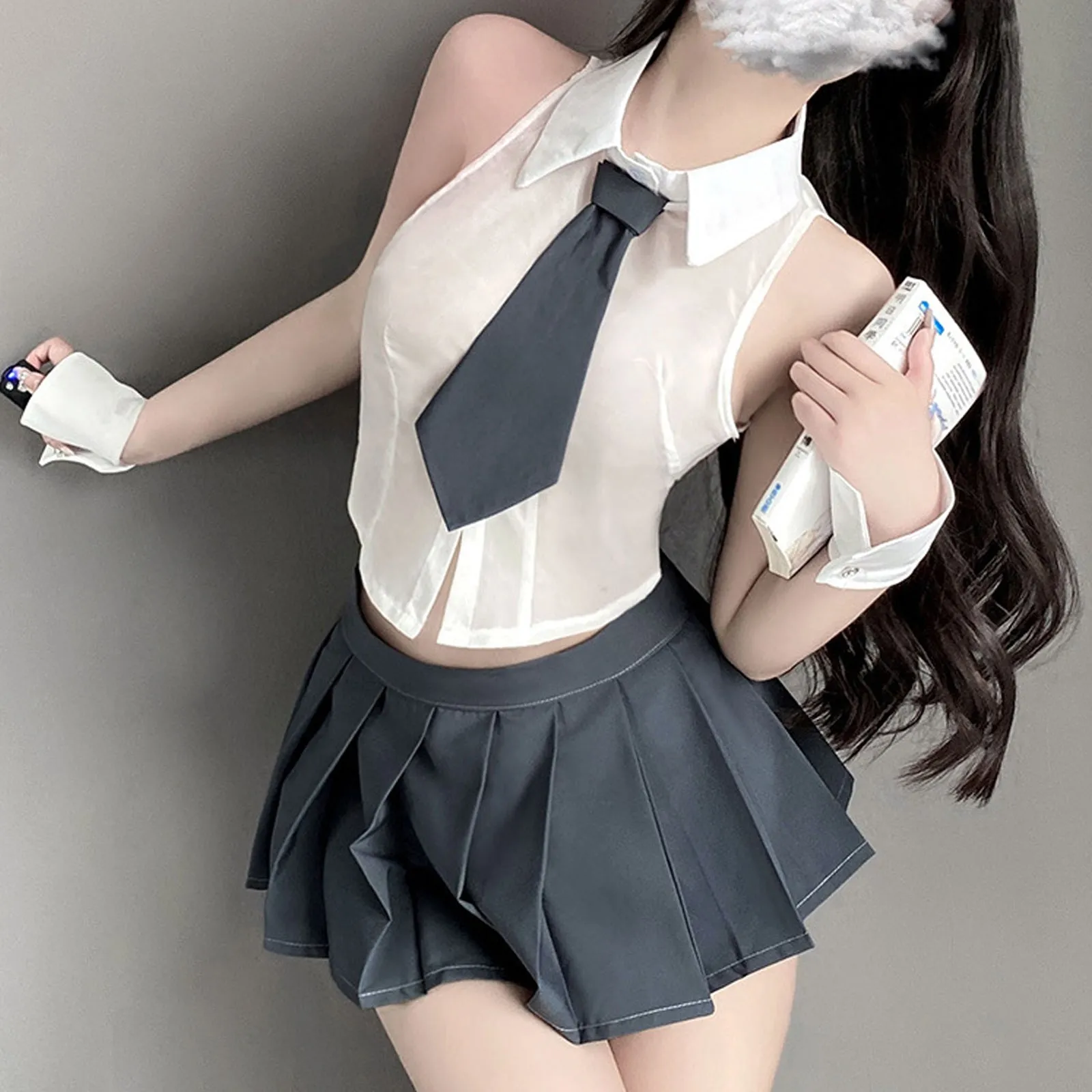 Sheer Sleeveless Shirt and Pleated Skirt