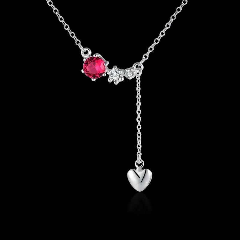 silver plated Chain red stone drop heart Necklaces Pendants Men jewelry 522 ELY