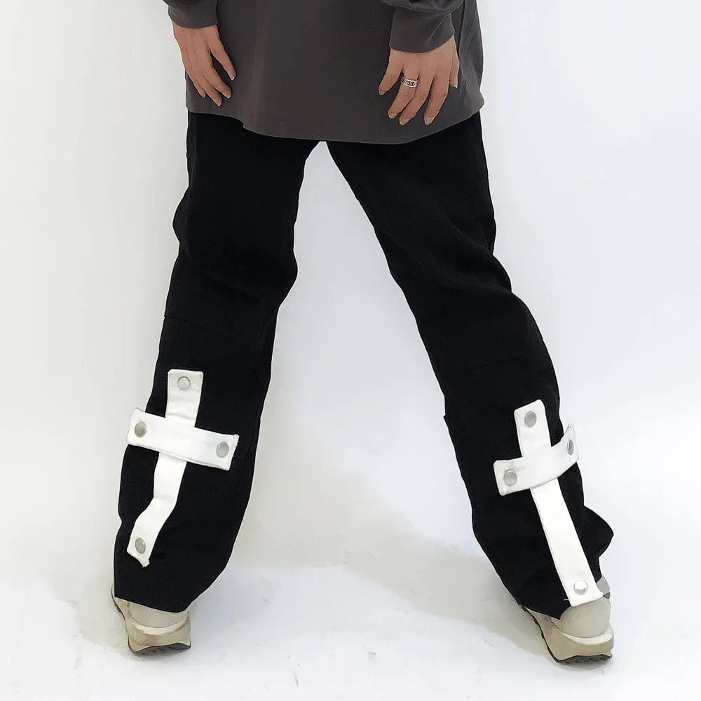 Street Fashion Loose Straight-leg Trousers With Metal Buckle Patch
