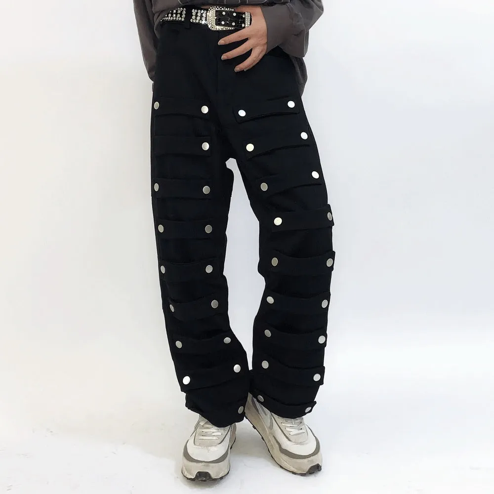 Street Fashion Loose Straight-leg Trousers With Metal Buckle Patch