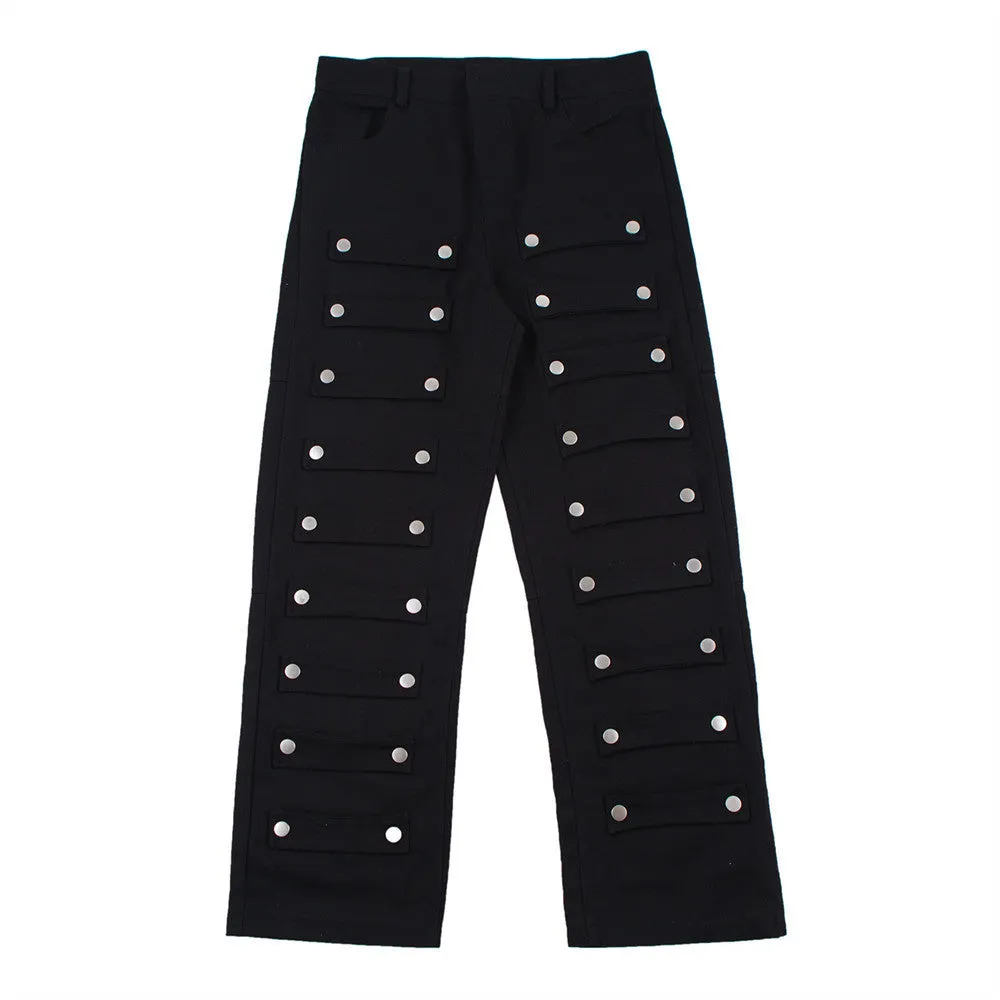 Street Fashion Loose Straight-leg Trousers With Metal Buckle Patch