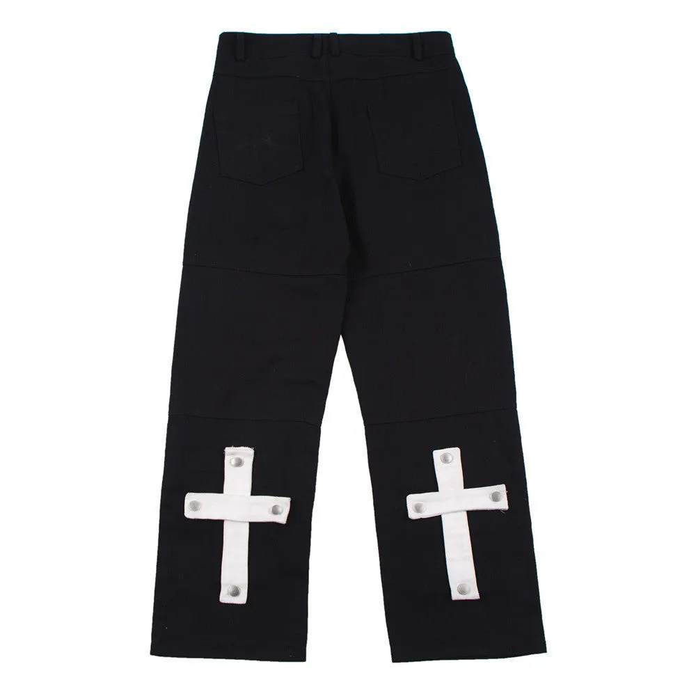 Street Fashion Loose Straight-leg Trousers With Metal Buckle Patch