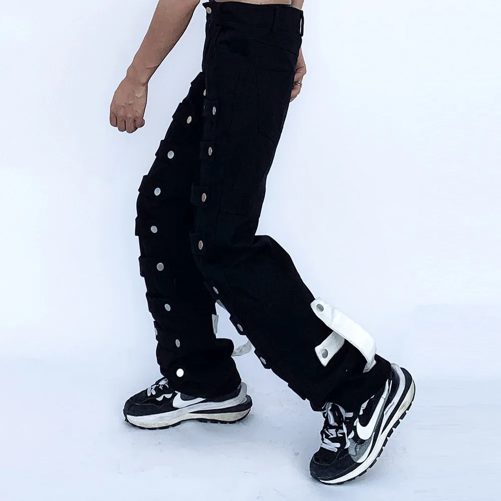 Street Fashion Loose Straight-leg Trousers With Metal Buckle Patch