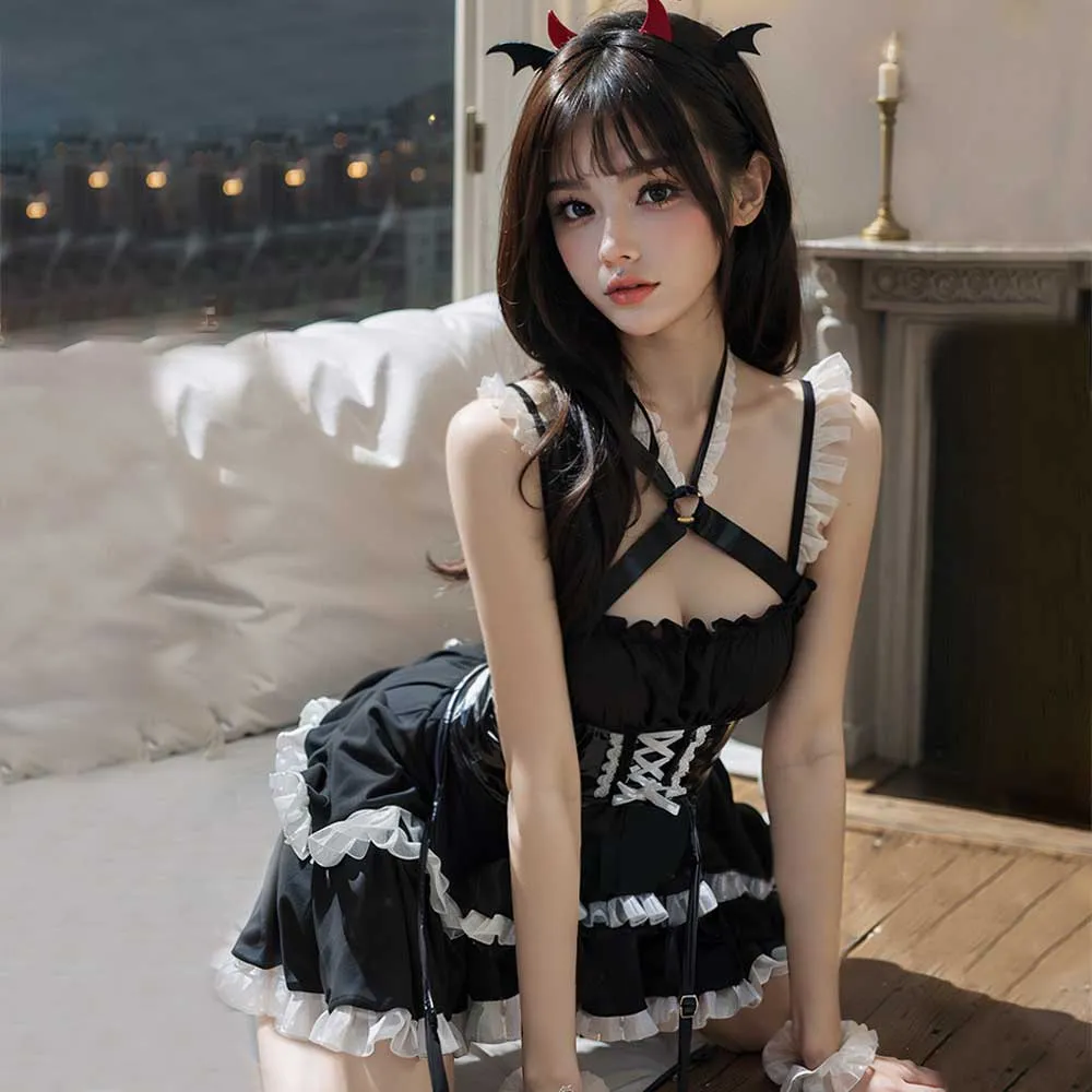 Succubus Little Devil Cosplay Costume Sleeveless Lolita Dress with Latex Wing Corset