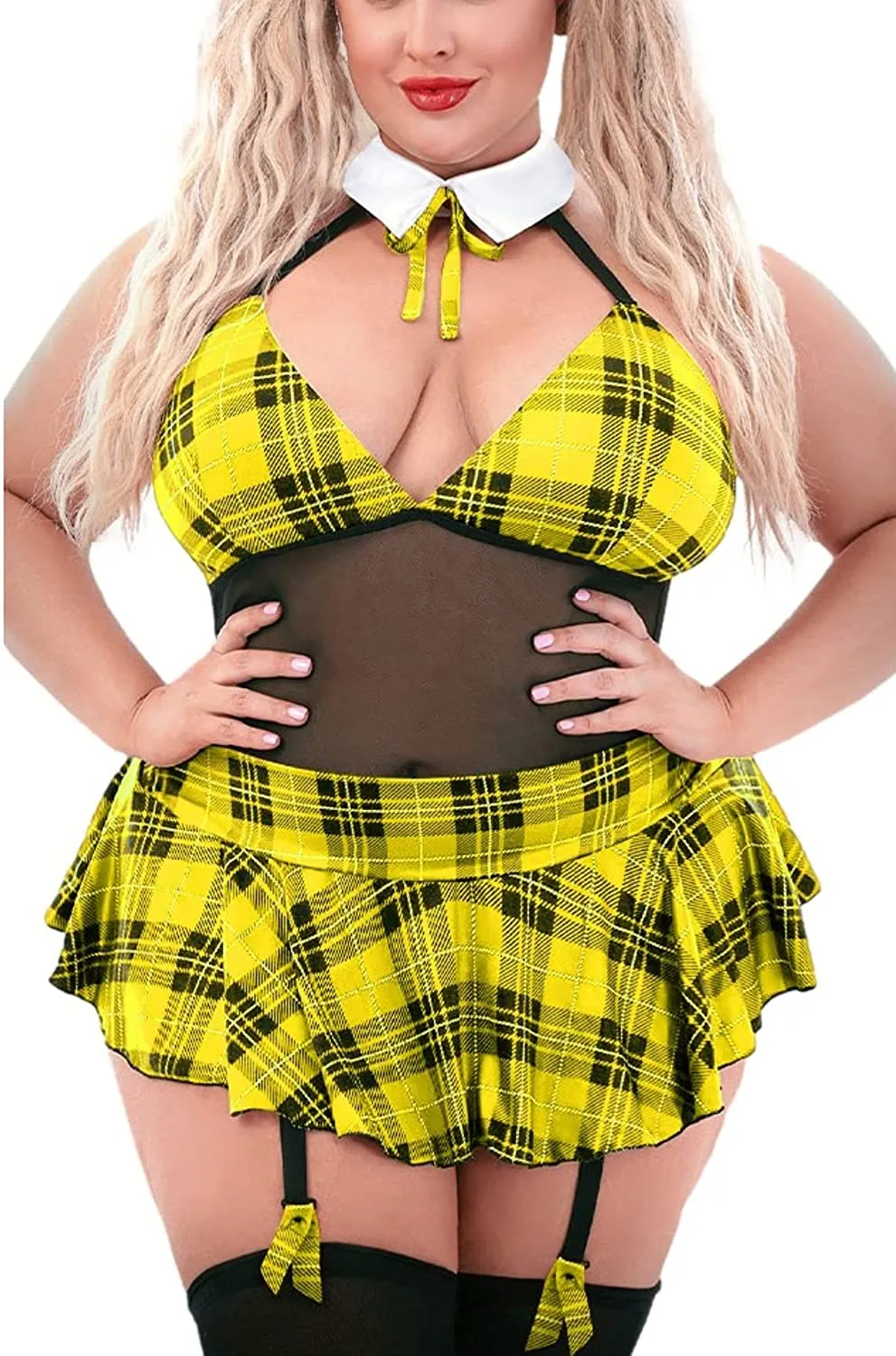 Women's Plus Size Schoolgirl Lingerie Set Costume Roleplay Uniform Sexy Sheer Halter Teddy with Tie & Mini Skirt