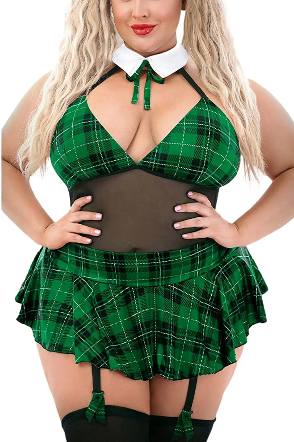 Women's Plus Size Schoolgirl Lingerie Set Costume Roleplay Uniform Sexy Sheer Halter Teddy with Tie & Mini Skirt