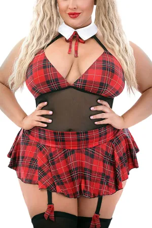 Women's Plus Size Schoolgirl Lingerie Set Costume Roleplay Uniform Sexy Sheer Halter Teddy with Tie & Mini Skirt