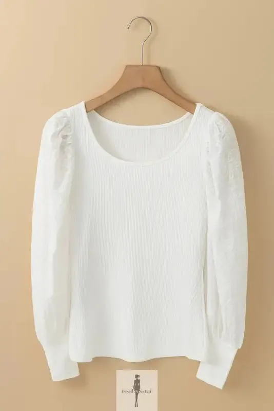 Yellow Flower Puff Sleeve Ribbed Knit Top
