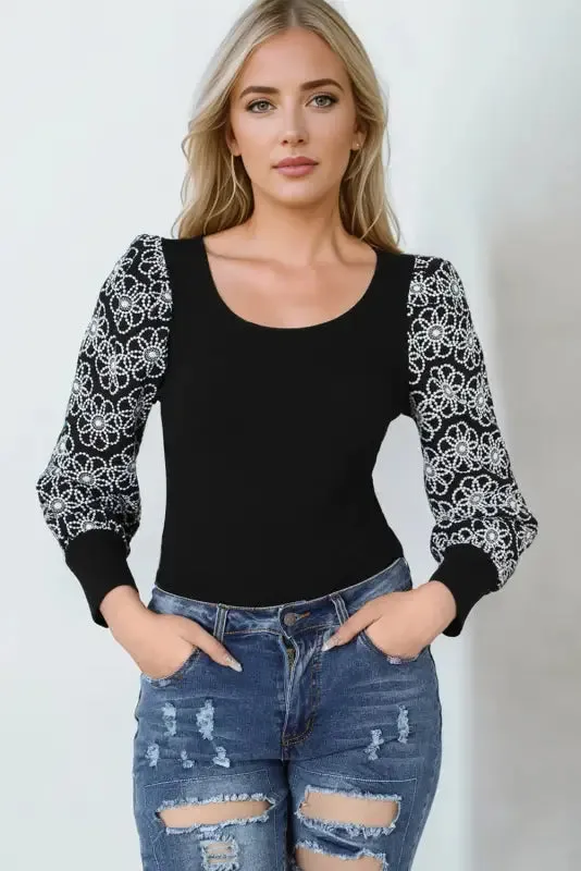 Yellow Flower Puff Sleeve Ribbed Knit Top