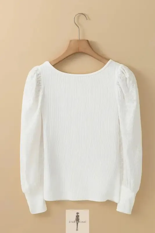 Yellow Flower Puff Sleeve Ribbed Knit Top