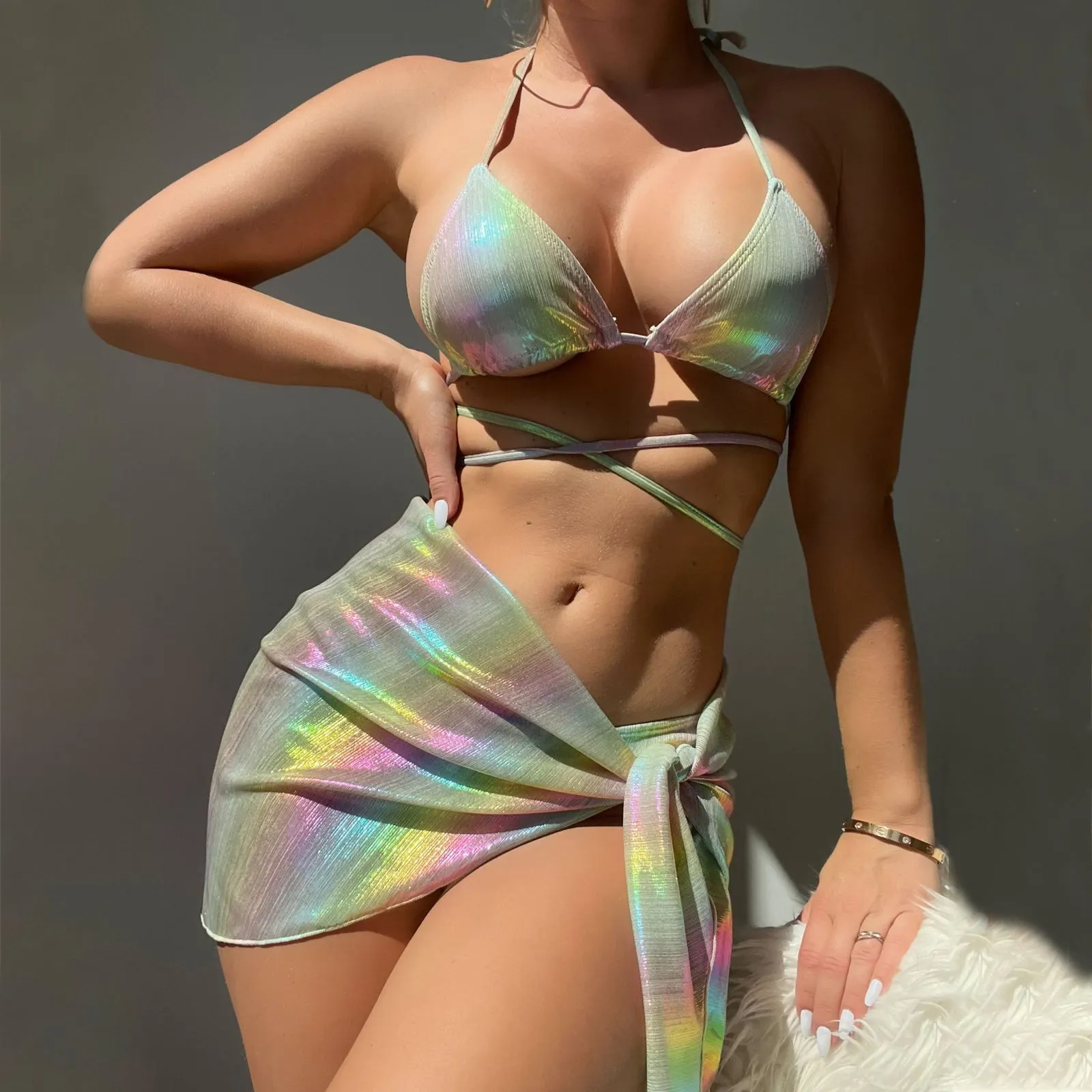 Yomorio 3 Piece String Bikini Set Rainbow Ombre Bathing Suits Sexy Holographic Swimsuit with Cover Up Shirt