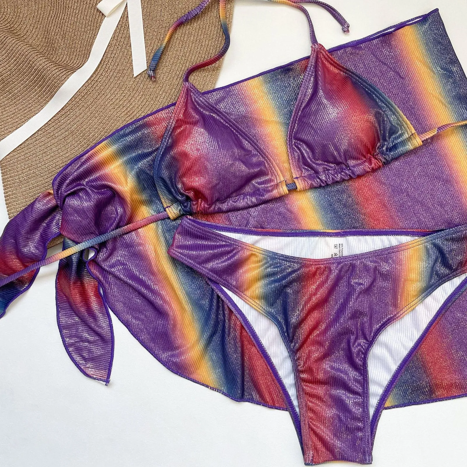Yomorio 3 Piece String Bikini Set Rainbow Ombre Bathing Suits Sexy Holographic Swimsuit with Cover Up Shirt