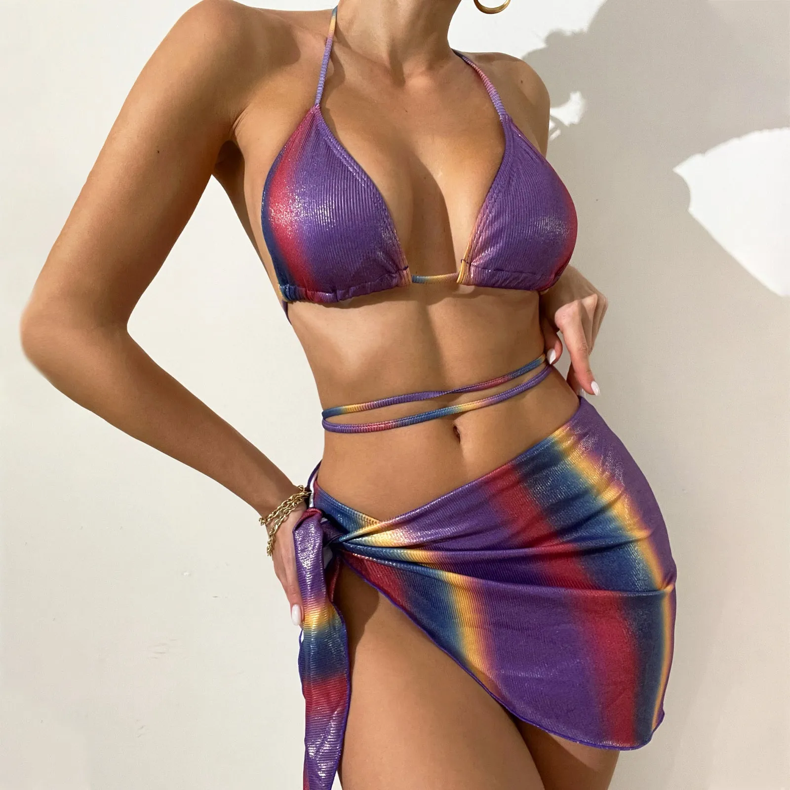 Yomorio 3 Piece String Bikini Set Rainbow Ombre Bathing Suits Sexy Holographic Swimsuit with Cover Up Shirt