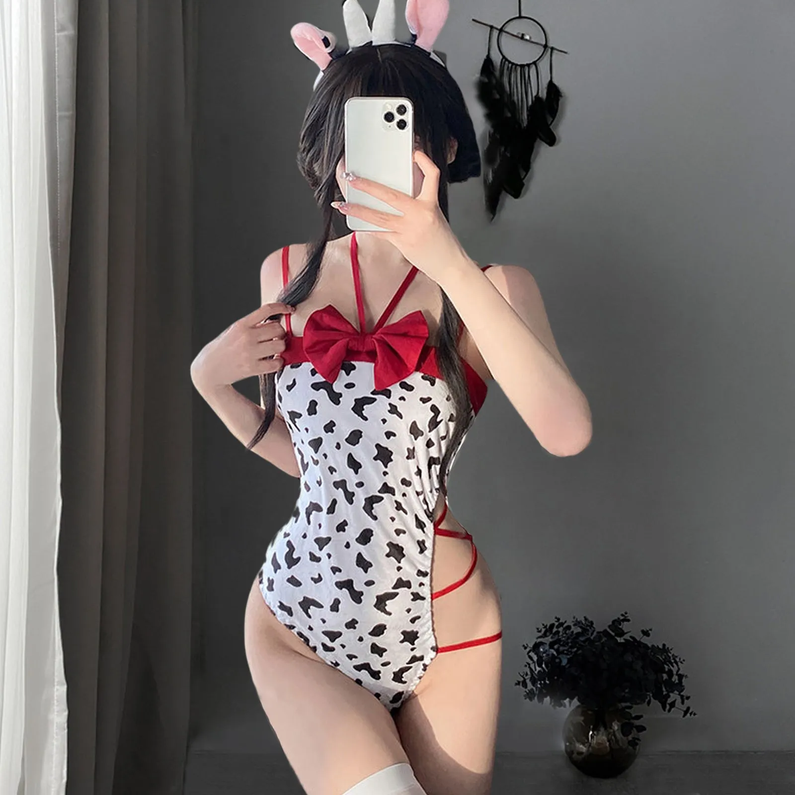 Yomorio Anime Cow Costume Kawaii Cow Print Cosplay Outfit High Cut Onepiece Bodysuit