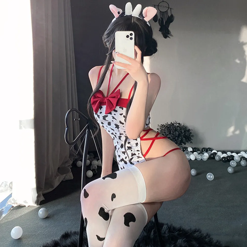 Yomorio Anime Cow Costume Kawaii Cow Print Cosplay Outfit High Cut Onepiece Bodysuit