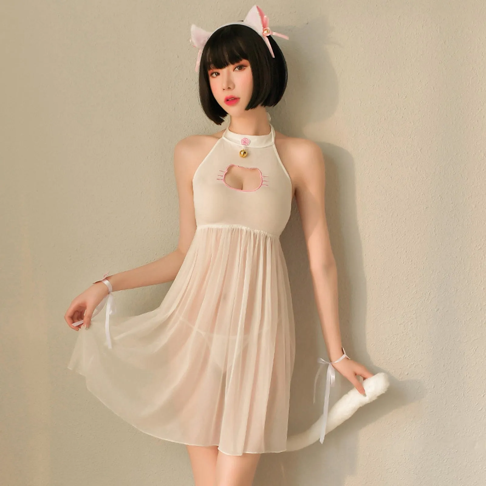 Yomorio Cat Lingerie Set Japanese Animal Cosplay Costume Sheer Mesh Badydoll Dress