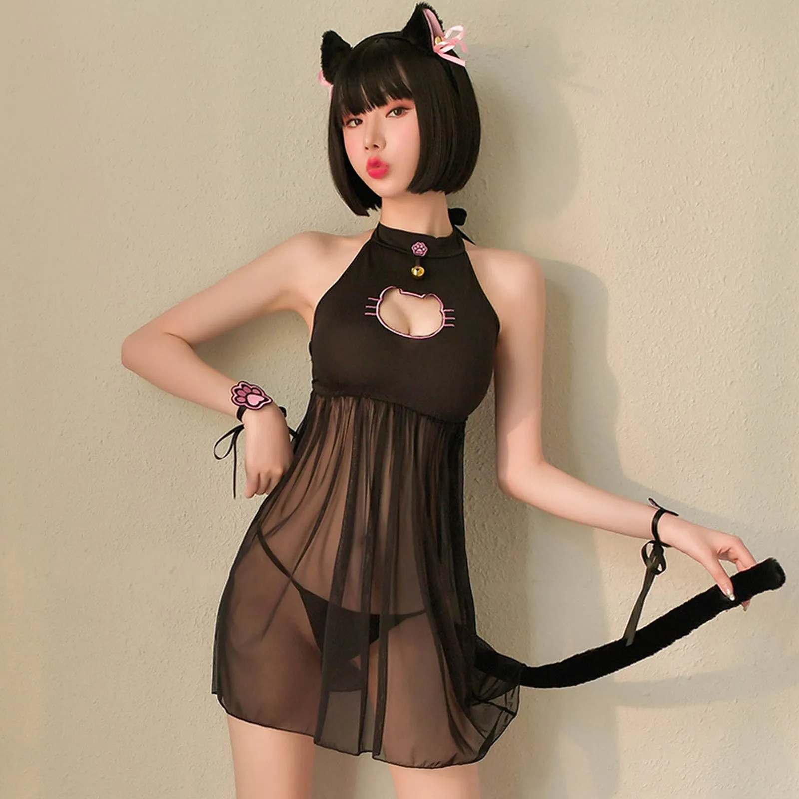 Yomorio Cat Lingerie Set Japanese Animal Cosplay Costume Sheer Mesh Badydoll Dress