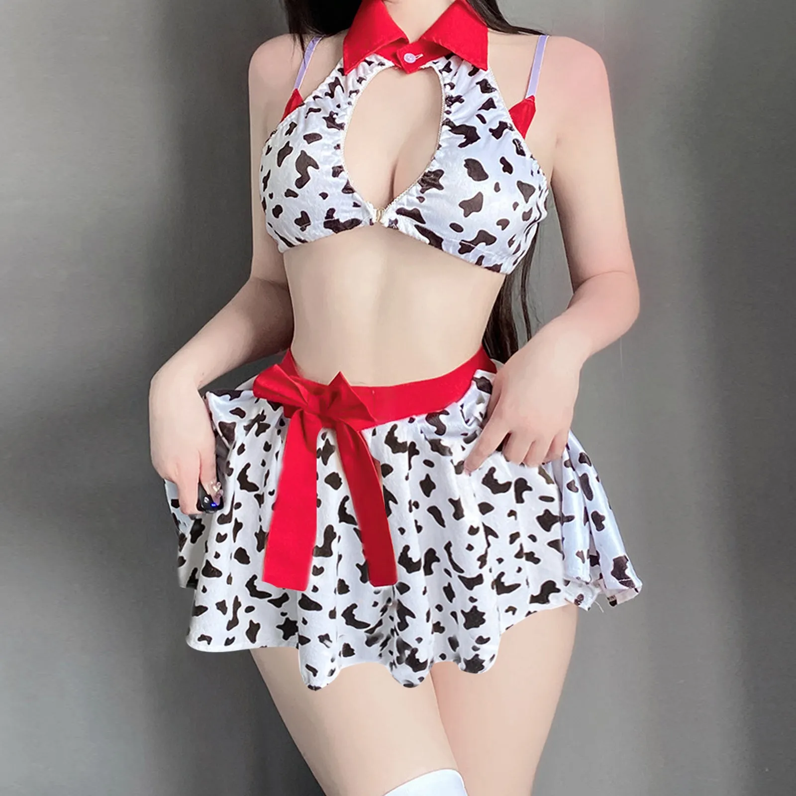 Yomorio Cow Cosplay Costumes Anime Cow Print Lingerie Halter Crop Top and Mini Skirt Set