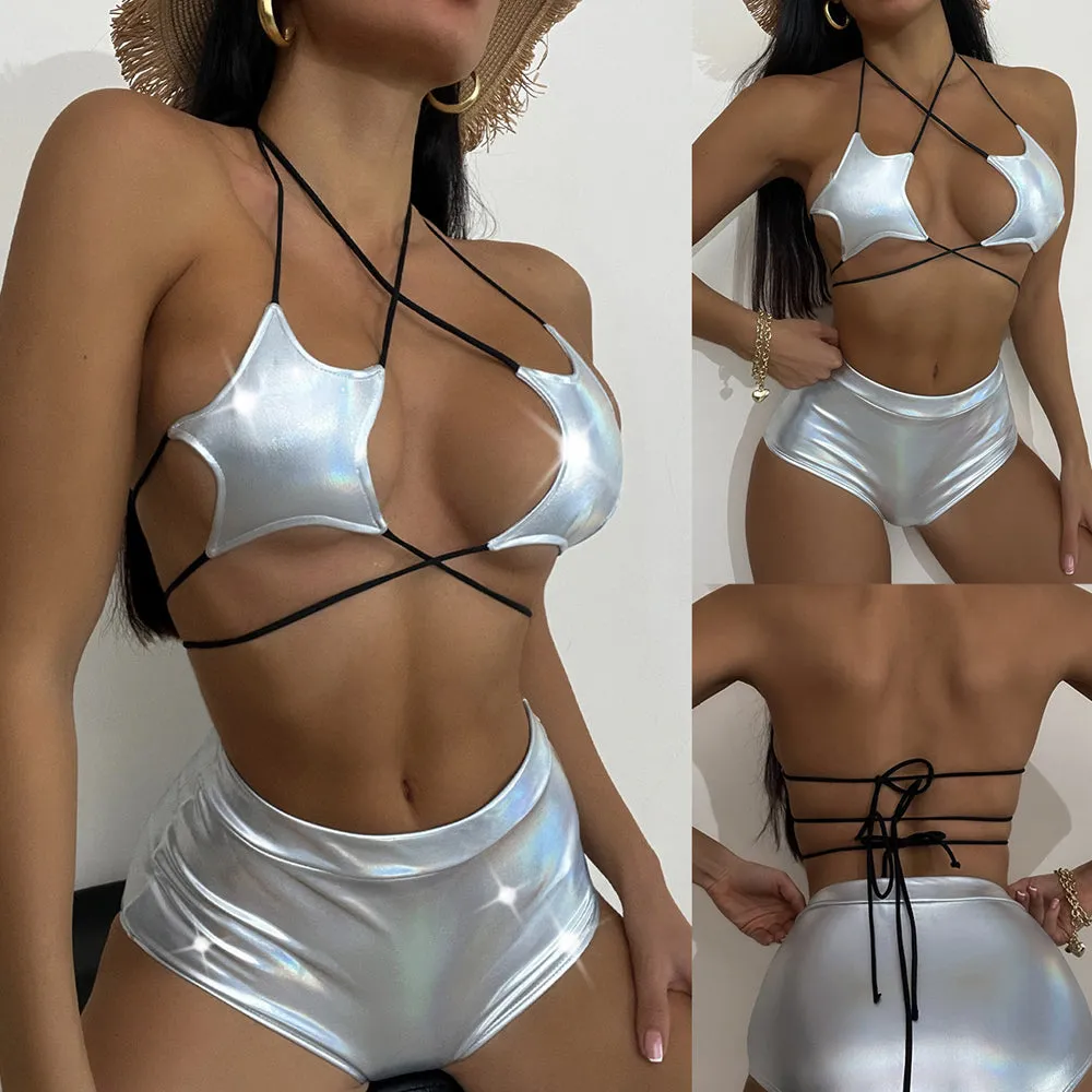 Yomorio Metallic Bikini Set 2 Piece Halter Sliver Star Bikini Top and Shorts EDC Outfis